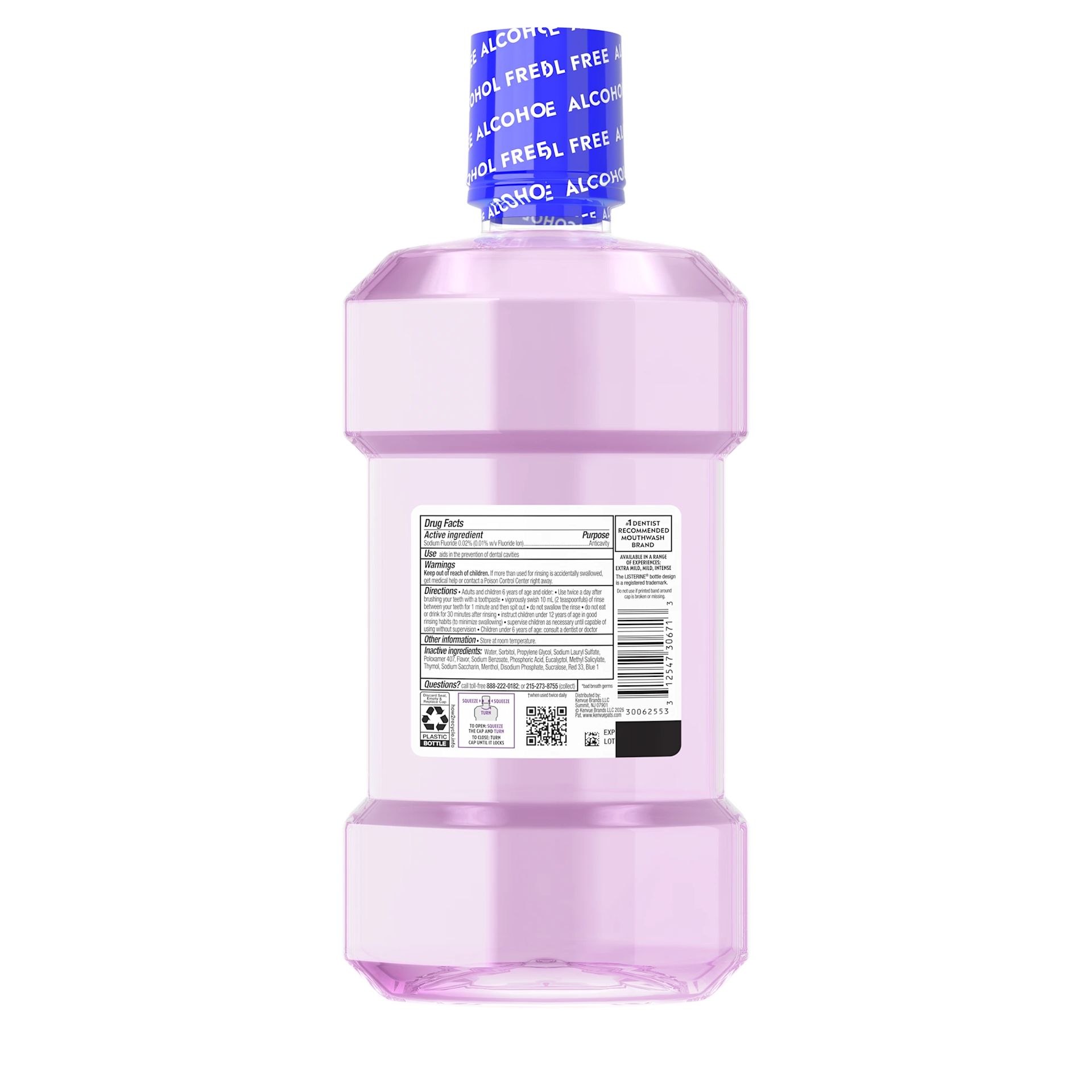 LIS US US 312547306713 522023086 697317 Total Care Alcohol Free Mild 1L PR 00180 Back pack shot of LISTERINE® TOTAL CARE Alcohol-Free Mild Mouthwash, Mild Mint 1L