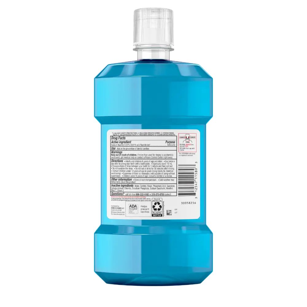LISTERINE® TOTAL CARE Kids Alcohol Free Anticavity Fluoride Mouthwash Bubble Blast, Back of Pack