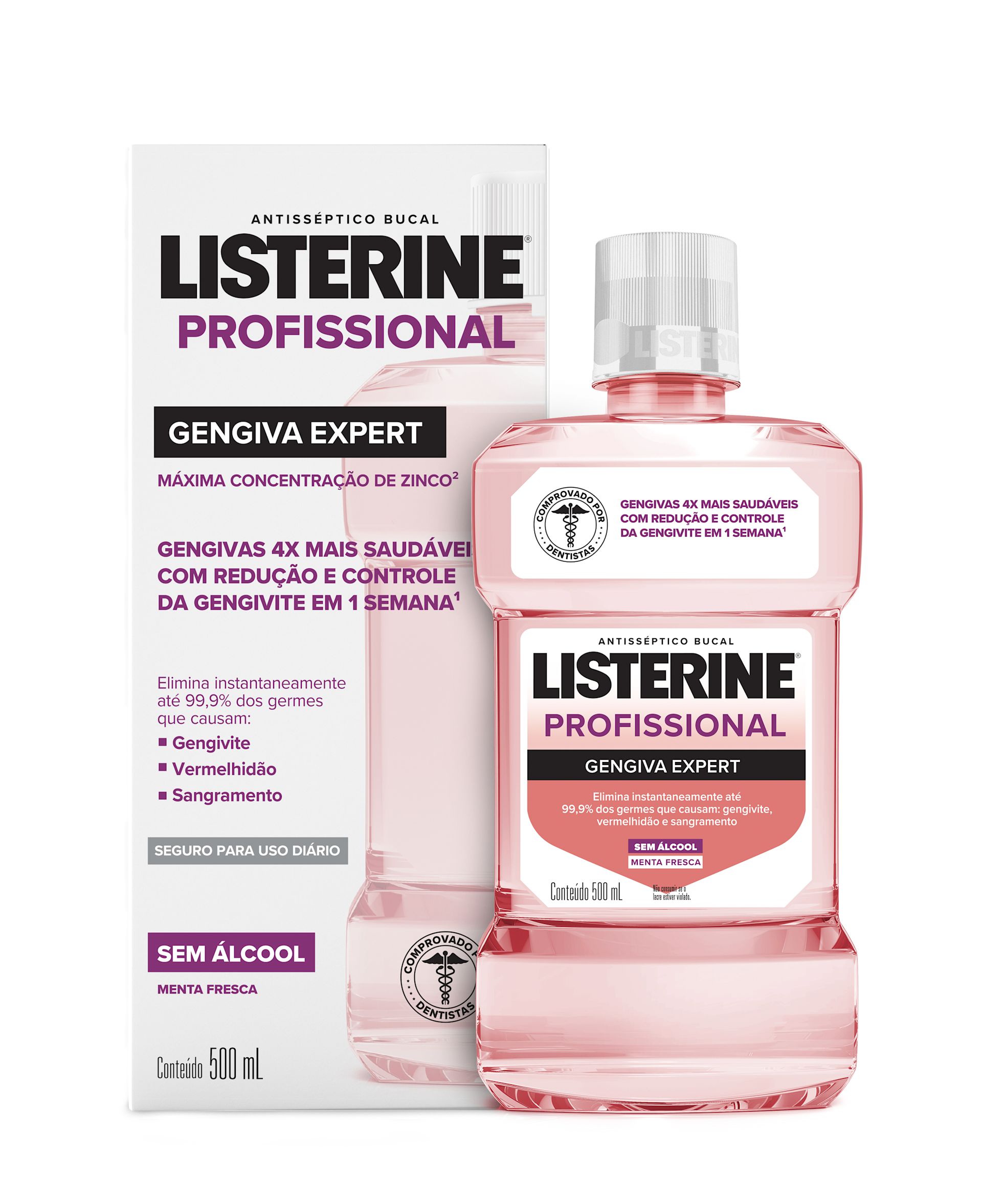 LIS 7891010256920 LISTERINE PROFISSIONAL GENGIVA EXPERT 500ML CARTUCHO E FRASCO FRONT OBWB (1) LISTERINE® PROFISSIONAL Gengiva Expert - package