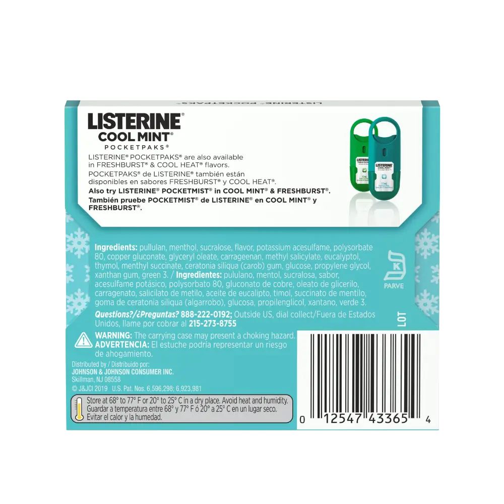 Back Pack Shot of LISTERINE® POCKETPAKS® Fresh Breath Strips COOL MINT 24 ct.