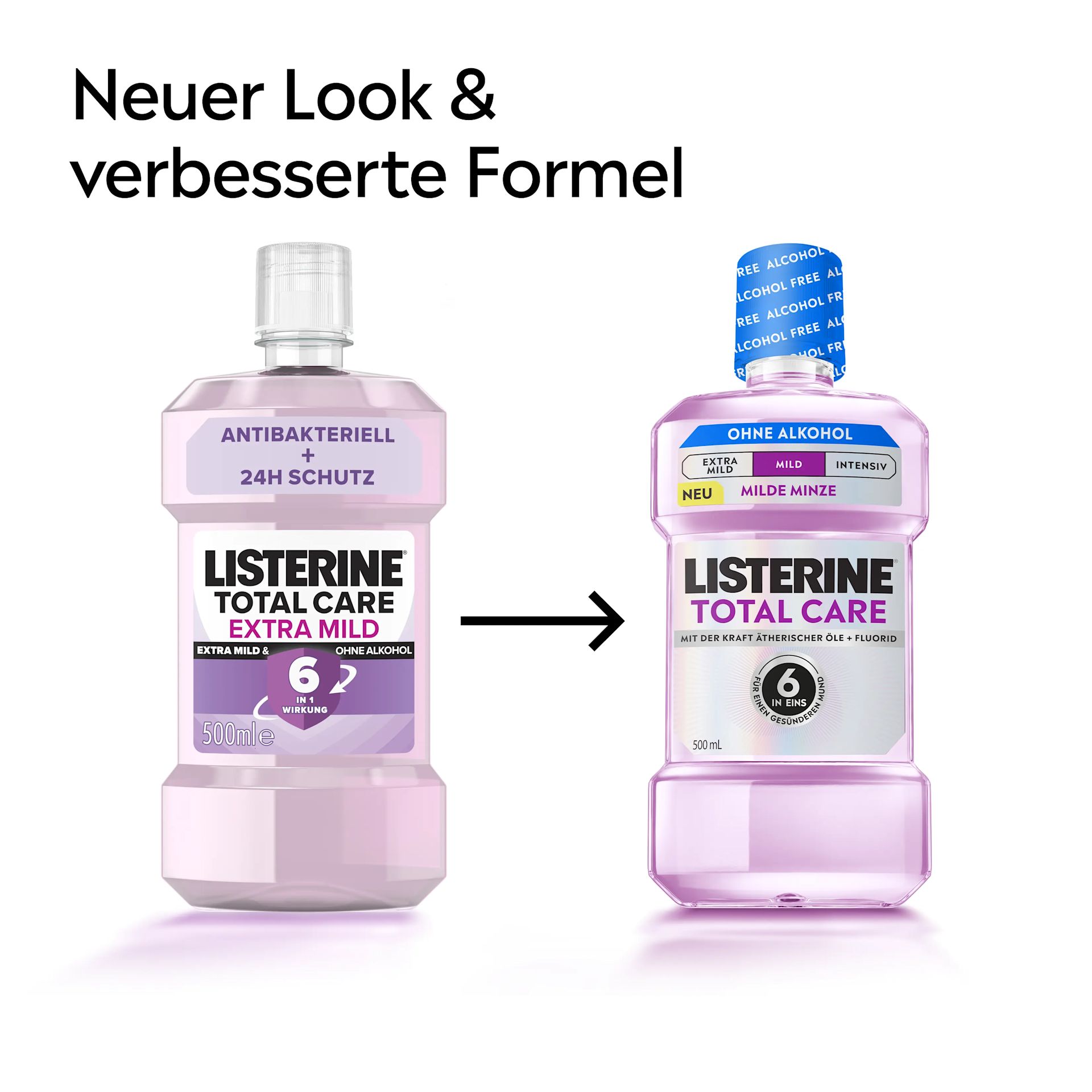 LISTERINE® Total Care Mundspülung mit Hinweis auf neuen Look und verbesserte Formel.
