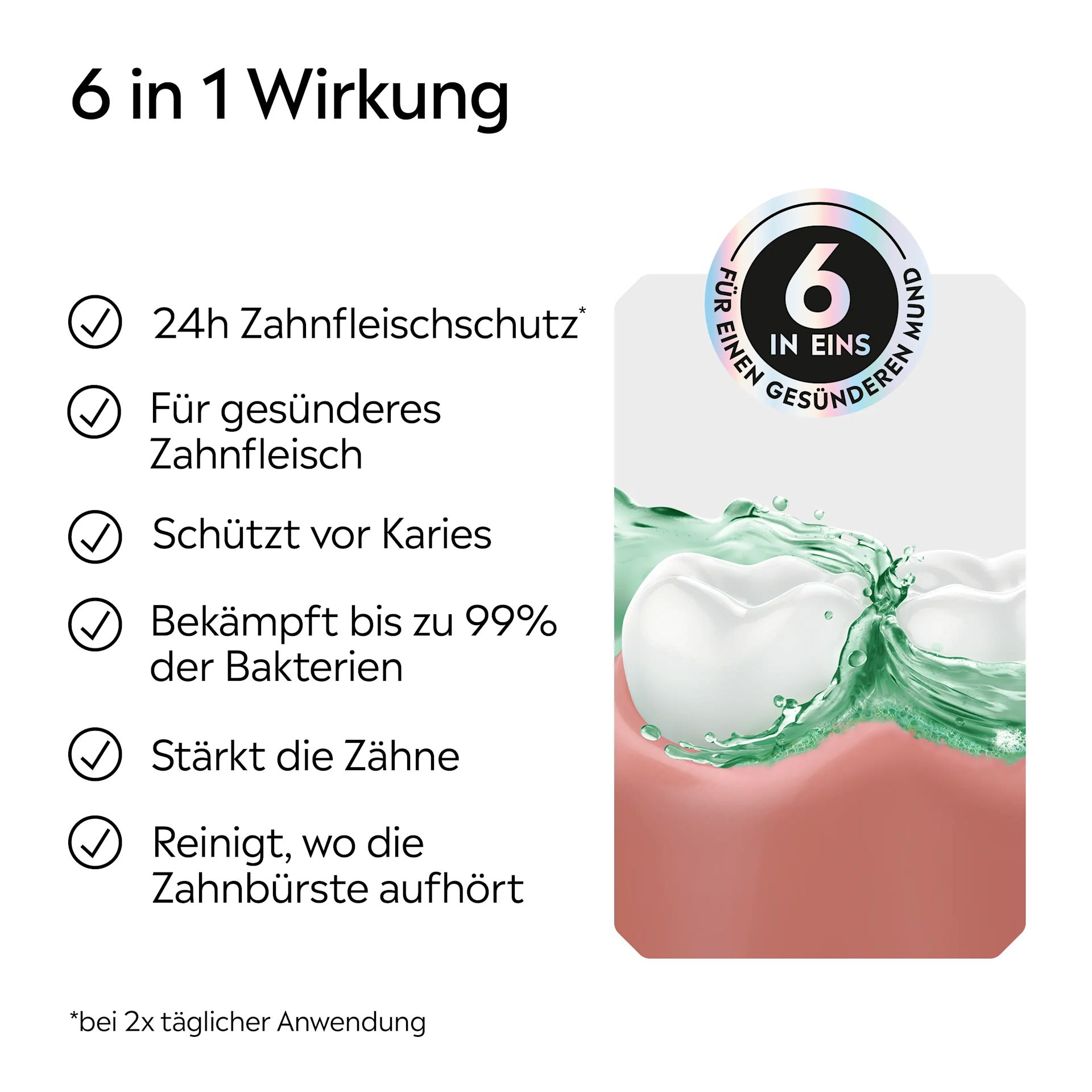 LISTERINE® mit 6‑in‑1‑Wirkung: 24 h Zahnfleischschutz, Kariesschutz, gesünderes Zahnfleisch, weniger Bakterien, stärkere Zähne und Reinigung über das Zähneputzen hinaus.