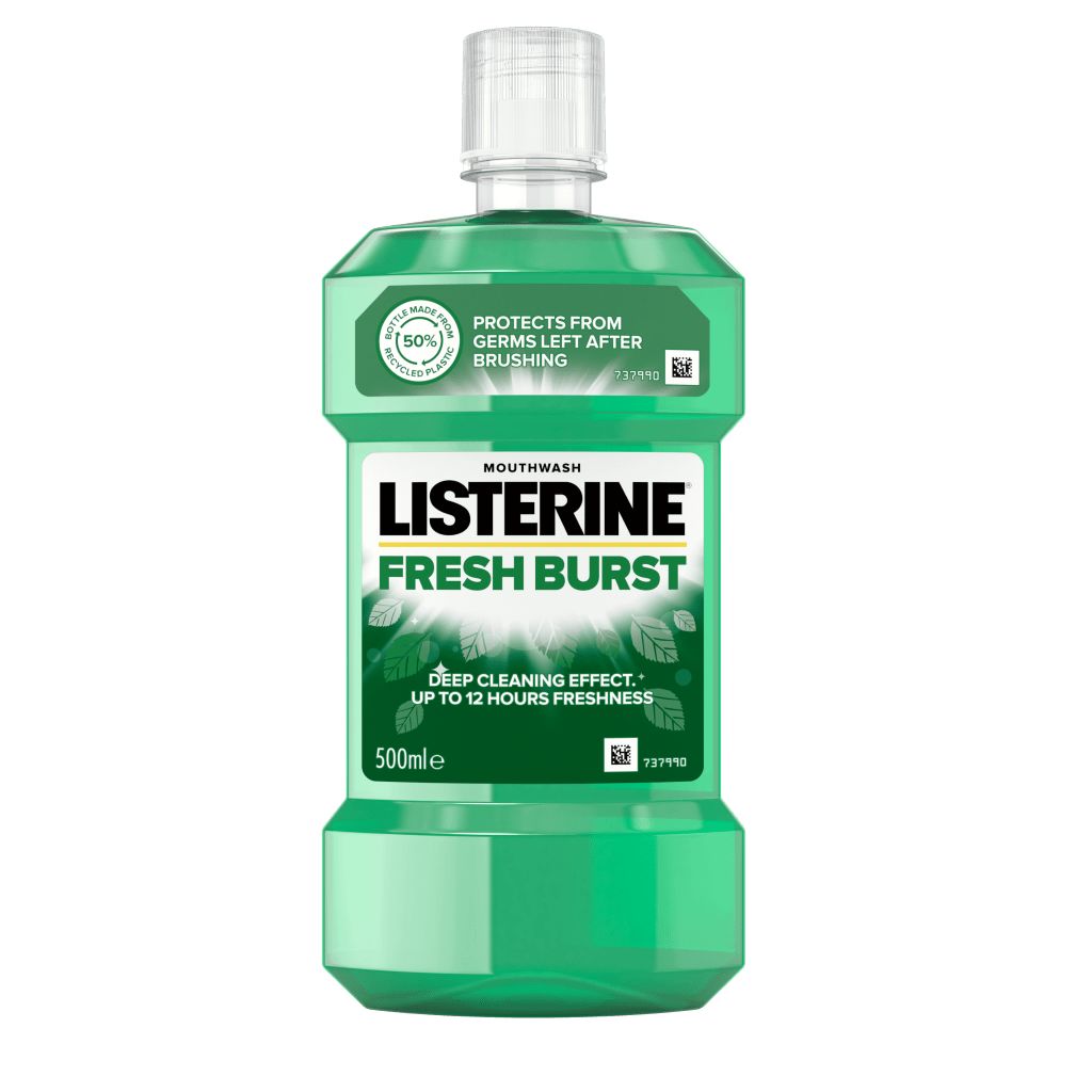 Listerine Fresh Burst 500 ml termékfotó, Protects from Germs left after brushing és Deep Cleaning effect up to 12 hours freshness feliratokkal