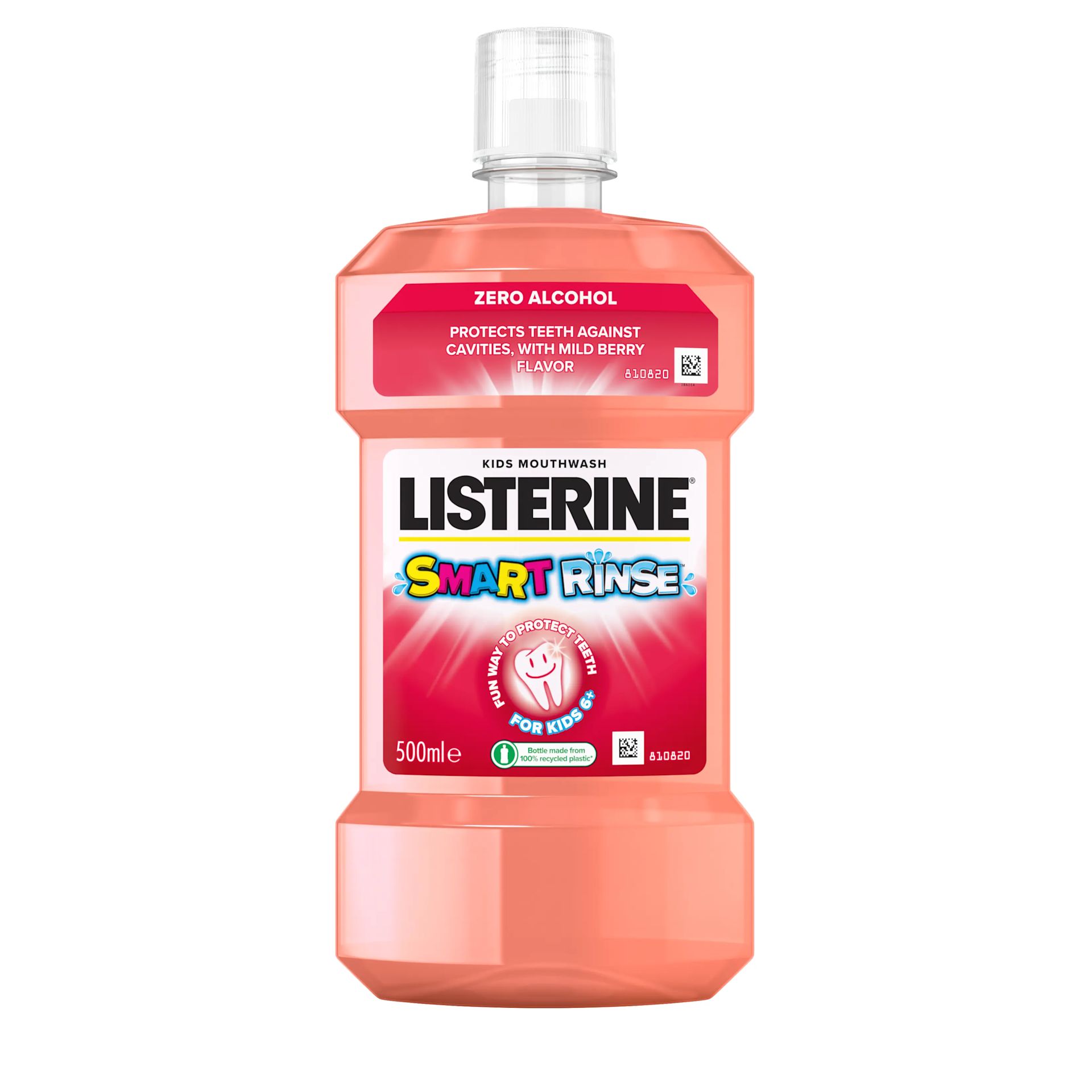 Listerine Smart Rinse Mild Mint 250ml For Kids 6+ termékfotó, Zero Alcohol és Protects teeth against cavities, cleans what brushing misses feliratokkal