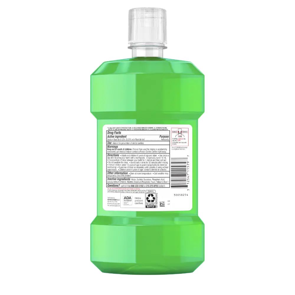 LISTERINE® TOTAL CARE Kids Alcohol Free Anticavity Fluoride Mouthwash Mint Shield, Back of Pack