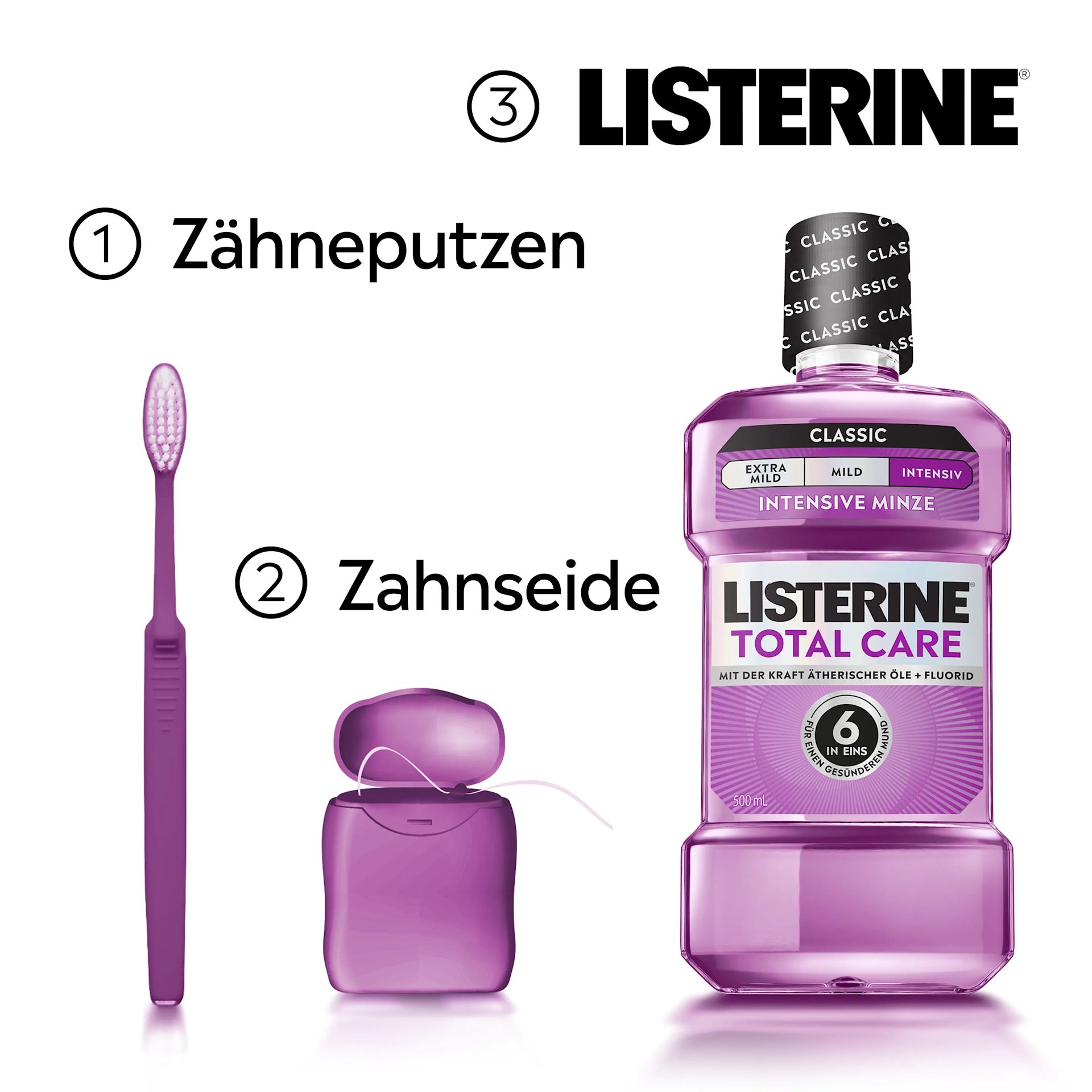 Mundpflegeroutine mit Zähneputzen, Zahnseide und LISTERINE® Total Care Classic Intensive Minze.