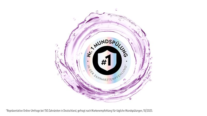 Qualitätssiegel „Nr. 1 Mundspülung – In der Zahnarztempfehlung“ mit Schildsymbol, umgeben von einem violetten Flüssigkeitswirbel auf hellem Hintergrund.