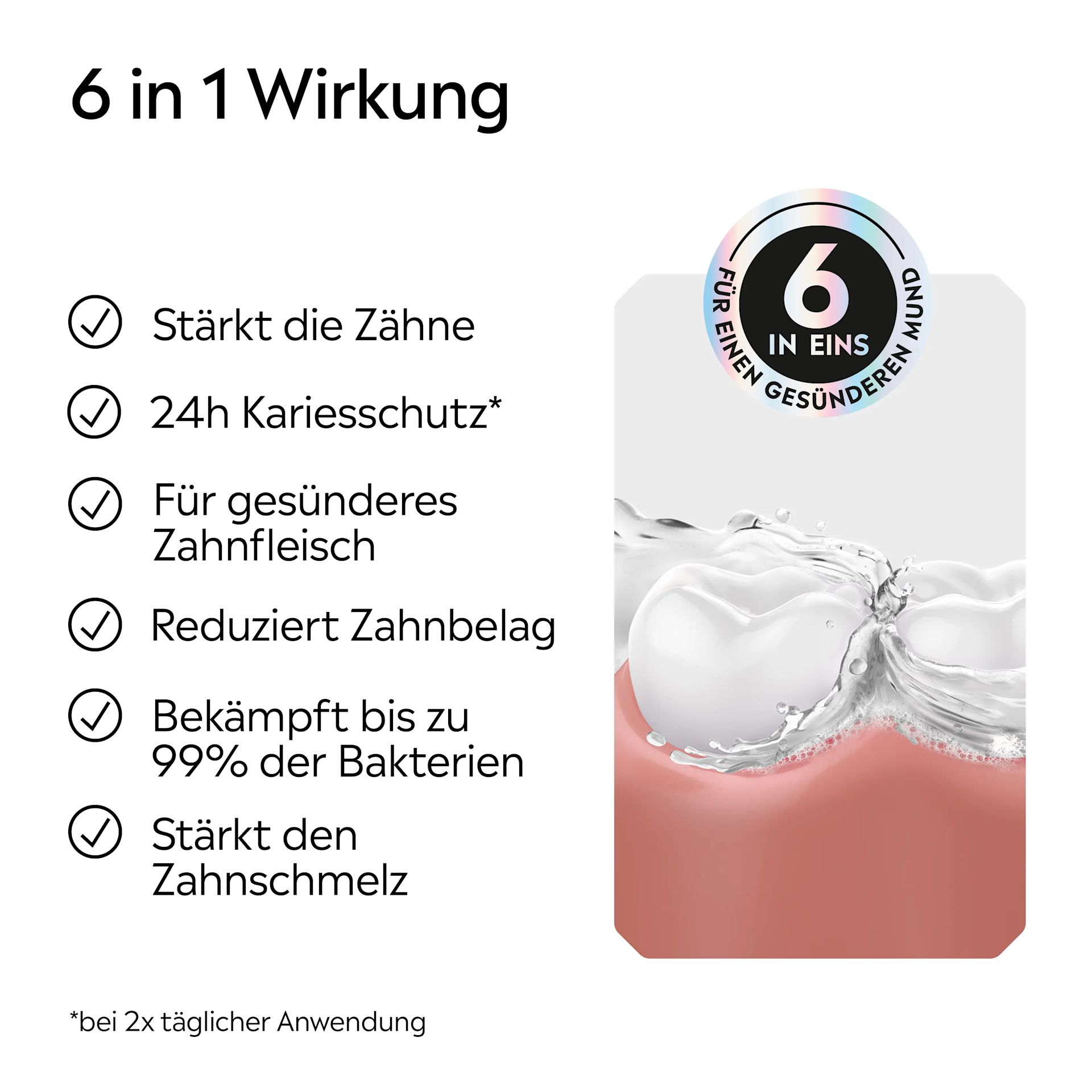 LISTERINE® Total Care mit 6‑in‑1‑Wirkung für Zähne, Zahnschmelz, Kariesschutz, gesundes Zahnfleisch, weniger Zahnbelag und bis zu 99 % weniger Bakterien.