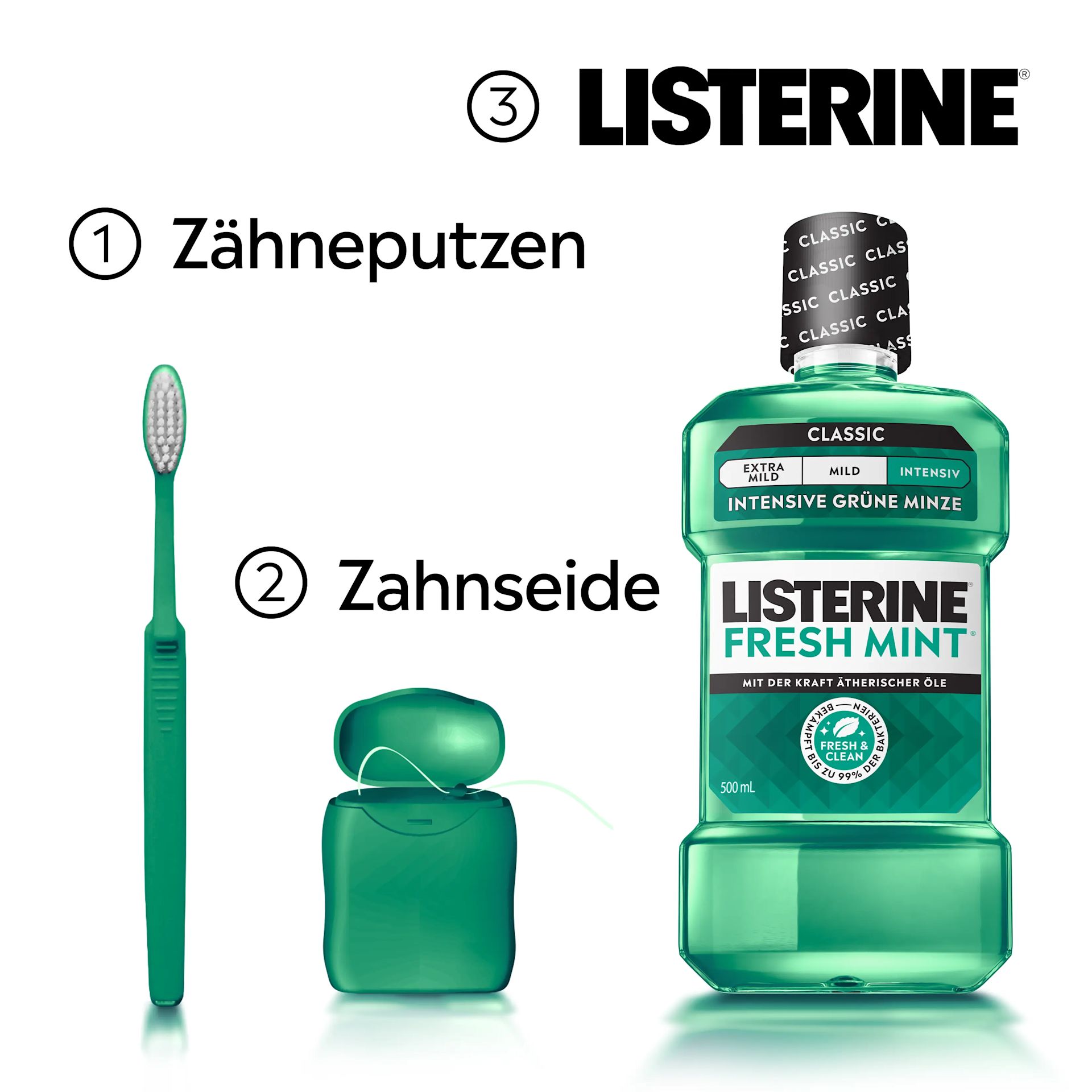 Mundpflegeroutine mit Zähneputzen, Zahnseide und LISTERINE® FRESH MINT Intensive Grüne Minze (Classic) mit Alkohol.