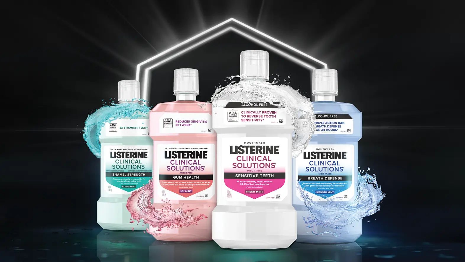 Listerine Clinical Solutions Mouthwashes for Gum Health, Teeth Strength, and Breath Defense.