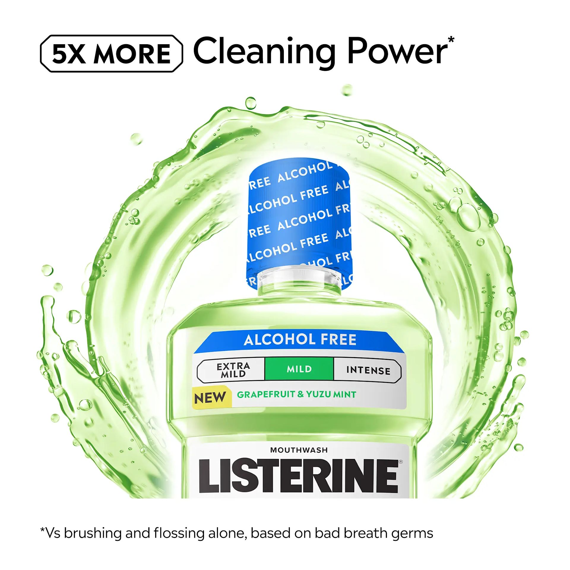 LIS B+ Feature Citrus Mint RGB 04 5x more cleaning power. Than brushing and flossing alone, based on bad breath germs