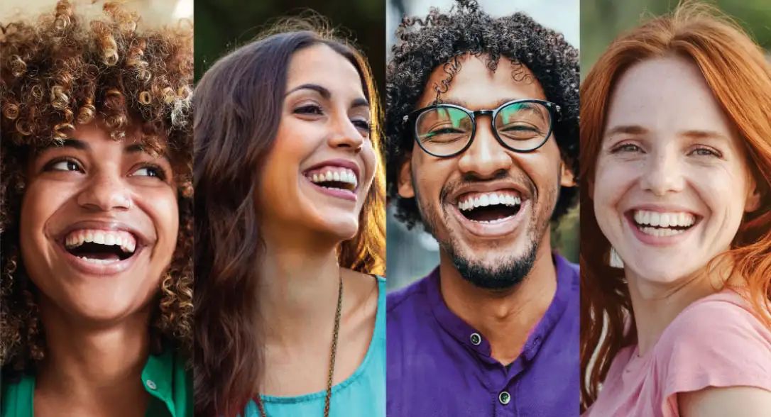A collage with diverse smiling individuals, showcasing joy and connection for oral health equity