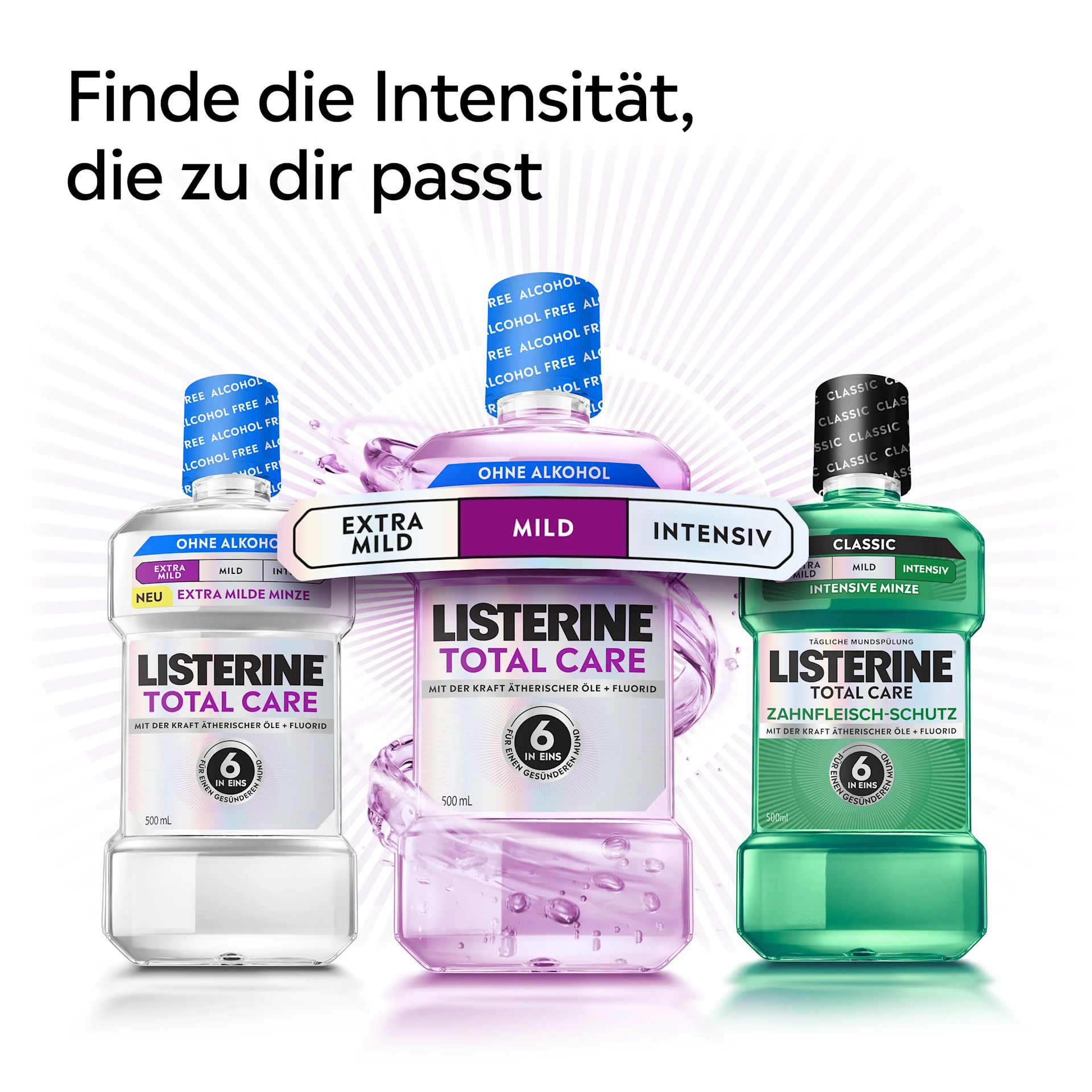 LISTERINE® Total Care Zahnfleisch‑Schutz Intensive Minze Mundspülung mit Alkohol, gezeigt im Kontext unterschiedlicher Intensitäten.