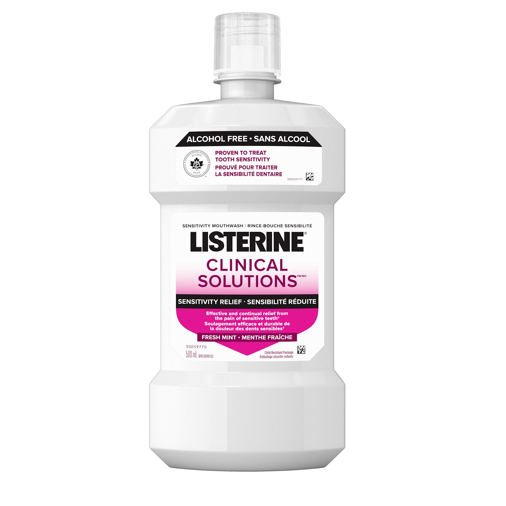 Photo de face du rince-bouche LISTERINE Clinical SolutionsMC Sensibilité réduite, à saveur de menthe fraîche, bouteille de 500 ml