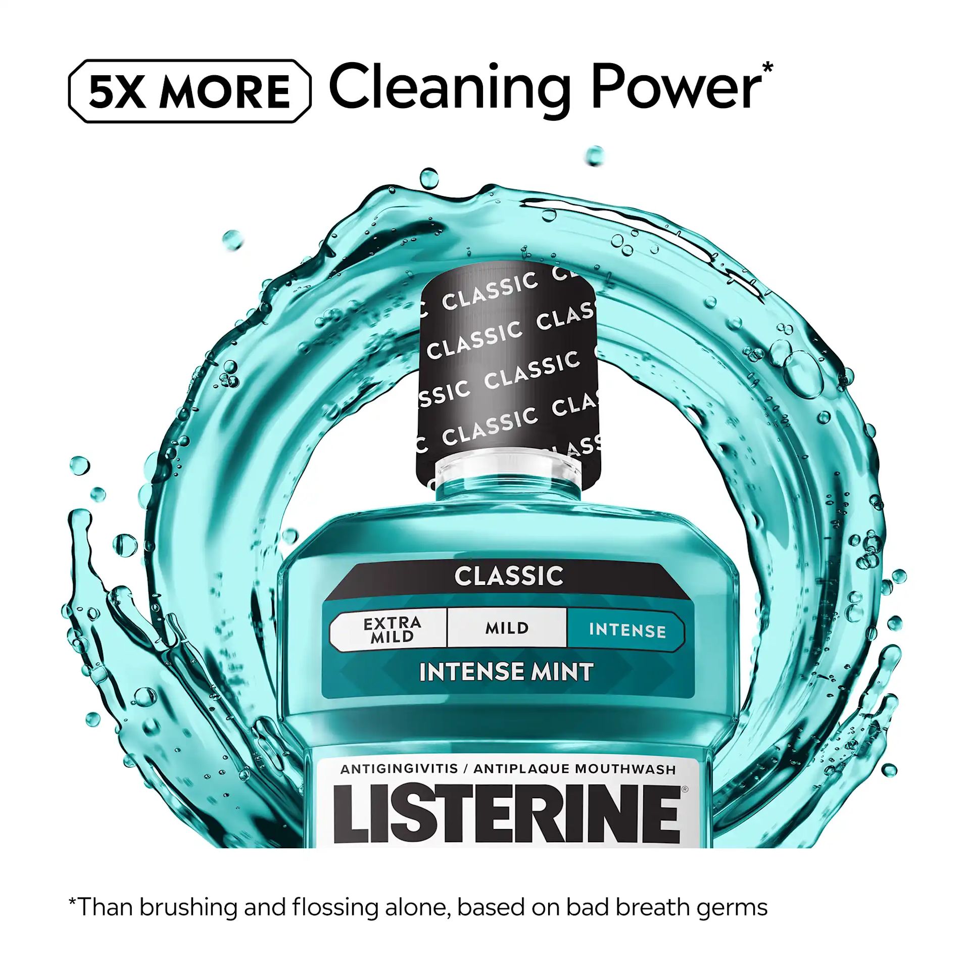 LIS B+ Feature CM Intense RGB 04 5x more cleaning power. Than brushing and flossing alone, based on bad breath germs