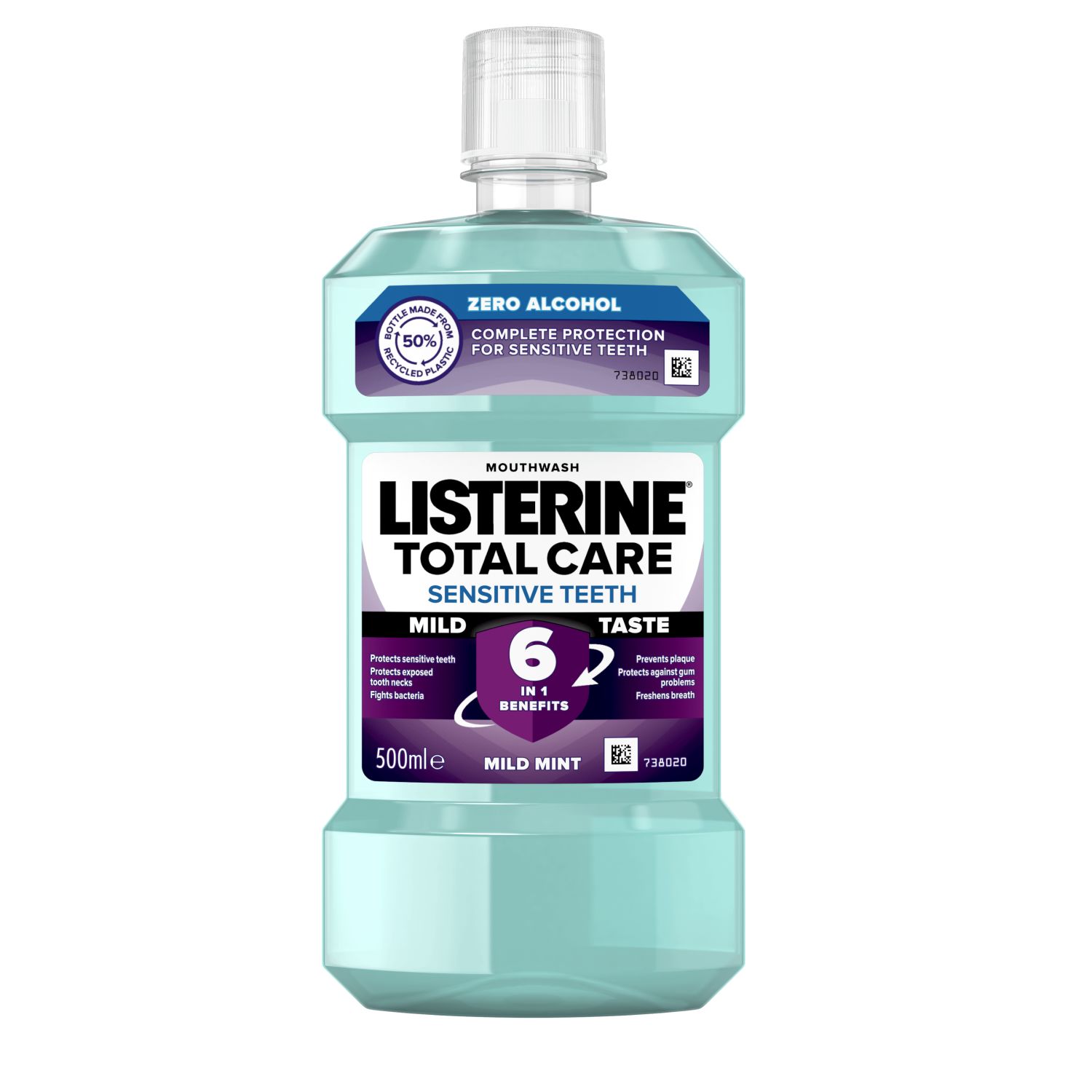 LISTERINE® Sensitiv-Therapie Listerine Total Care Sensitive Teeth Mild Taste 500 ml, complete protection for sensitive teeth, protects sensitive teeth, protects exposed tooth necks, fights bacteria, prevents plaque, protects against gum problems, freshens breath feliratokkal