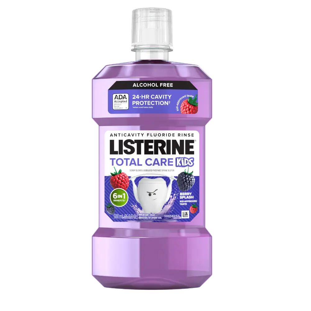 LISTERINE® TOTAL CARE Kids Alcohol Free Anticavity Fluoride Mouthwash Berry Splash, Front of Pack