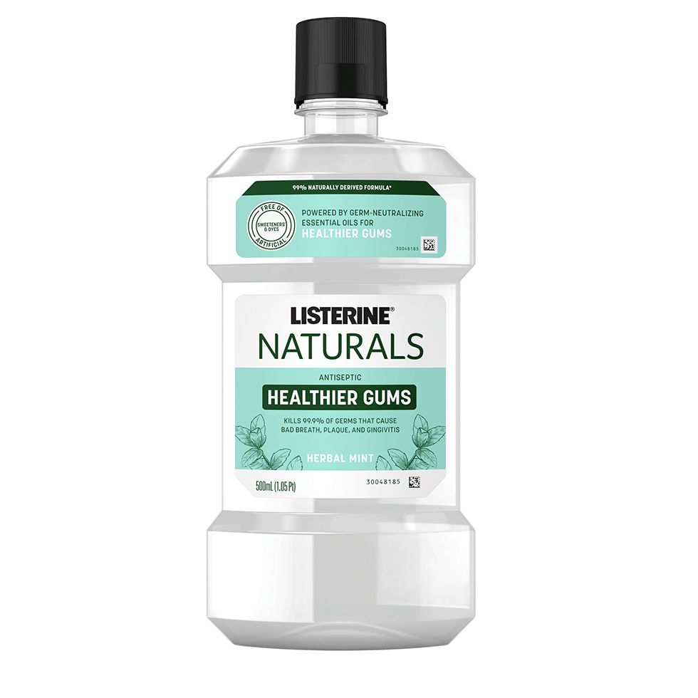 Listerine Naturals Healthier Gums Mouthwash is powered with essential oils to kill 99.9% of germs