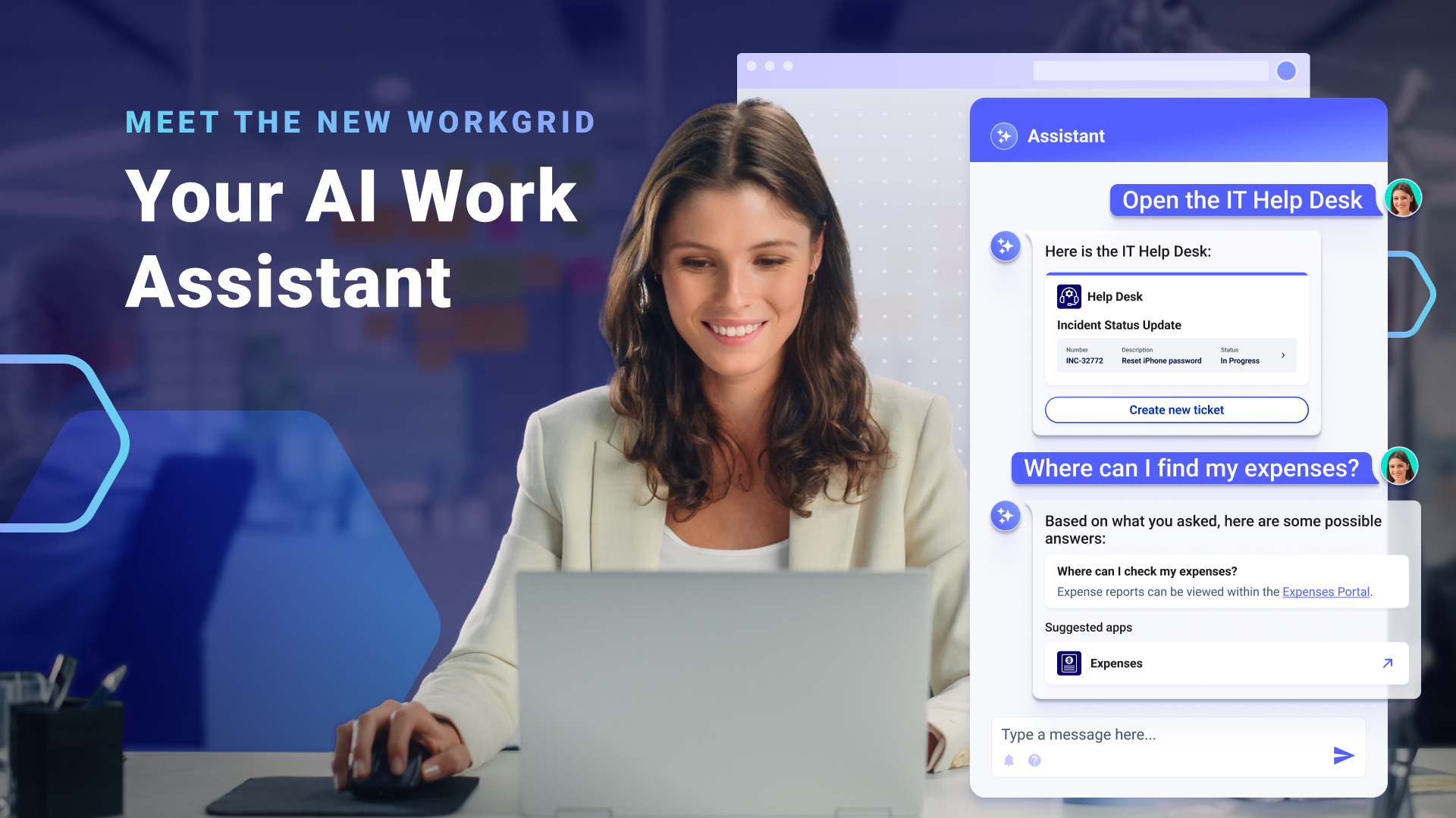 Deliver a modern employee experience combining conversational tasks, actions, and information into the flow of work with your AI Work Assistant
