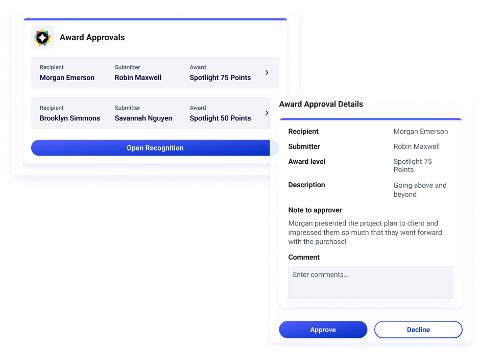 The Award Approvals app gives approvers an easy interface to approve or decline award nominations with an integration to OC Tanner