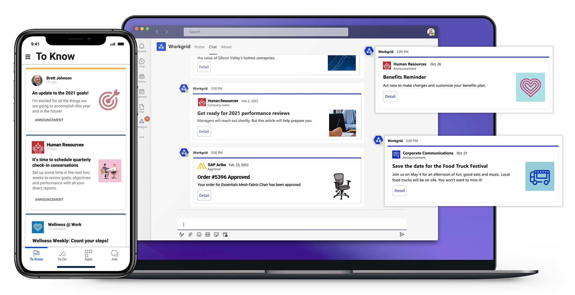 You can see in this example that the digital assistant is still providing a centralized location for important tasks, time off info, payslip stuff, all of that. But it’s also notifying employees of important communications.