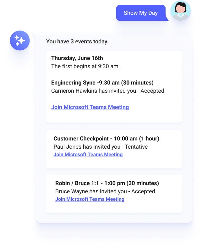 The My Day app provides employees with a quick overview of their daily calendar events with links to open meetings directly.