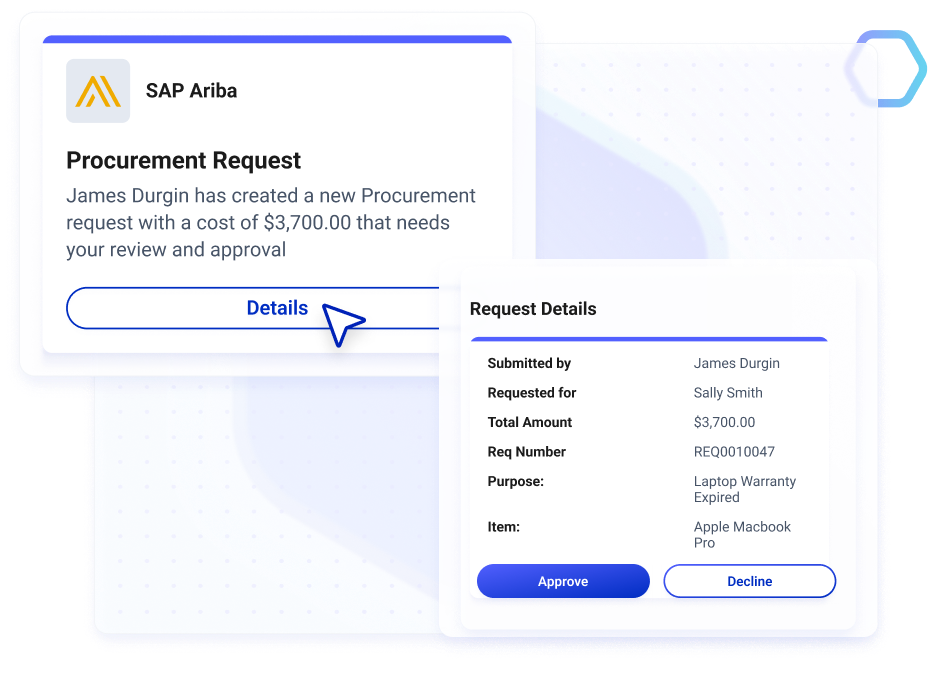 Create a centralized experience for important tasks and information linked directly to the source system. Workgrid integrates with common enterprise systems such as ServiceNow, Concur, and SAP Ariba.