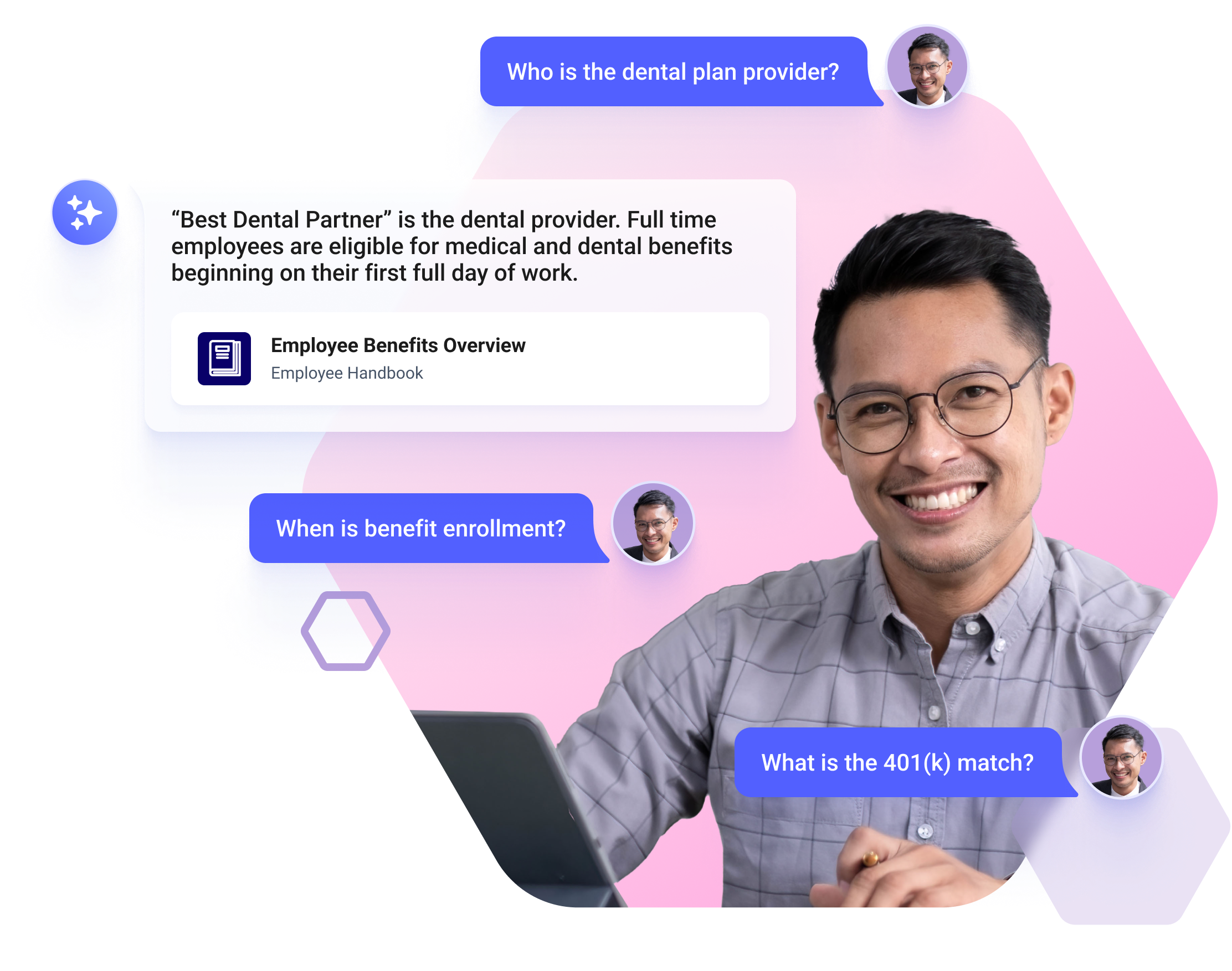 Workgrid's AI Assistant helps employees find information with the chat to documents app. Questions asked through natural language prompts will surface answers directly from company documents.