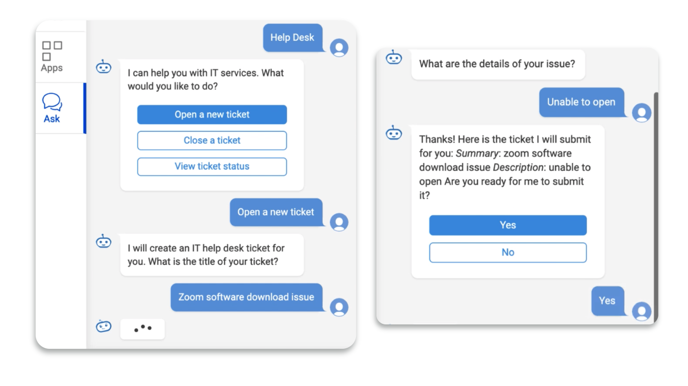 Make it easy to submit service desk tickets and get round-the-clock answers to questions by leveraging Workgrid's Chatbot functionality.
