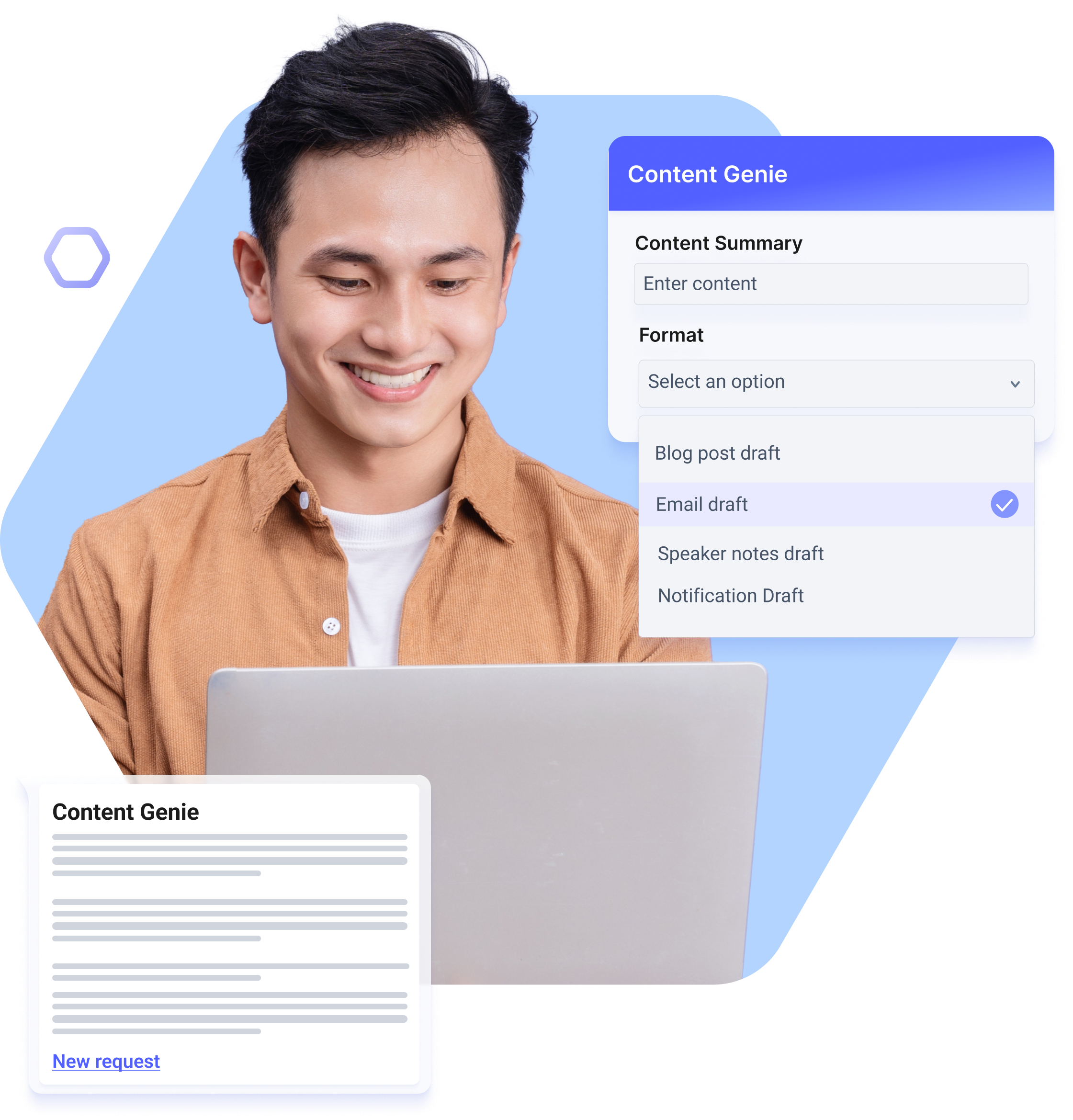 Use generative AI to draft business text such as blogs or emails using the Content Genie microapp.