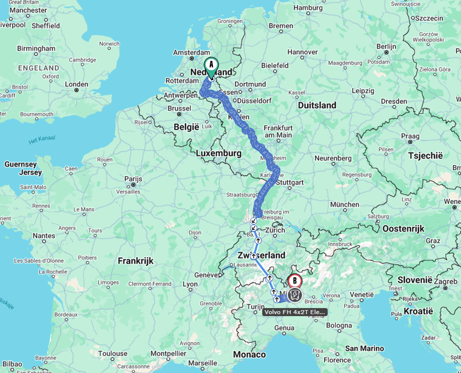 This image shows a map highlighting a long-haul route from Eindhoven, Netherlands, to Milan, Italy. The route passes through several European countries, including Germany and Switzerland, illustrating the path taken for a cross-border electric truck journey aimed at reducing transport emissions. 