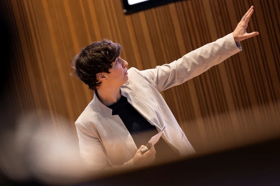 A person presenting at the Geminor townhall.