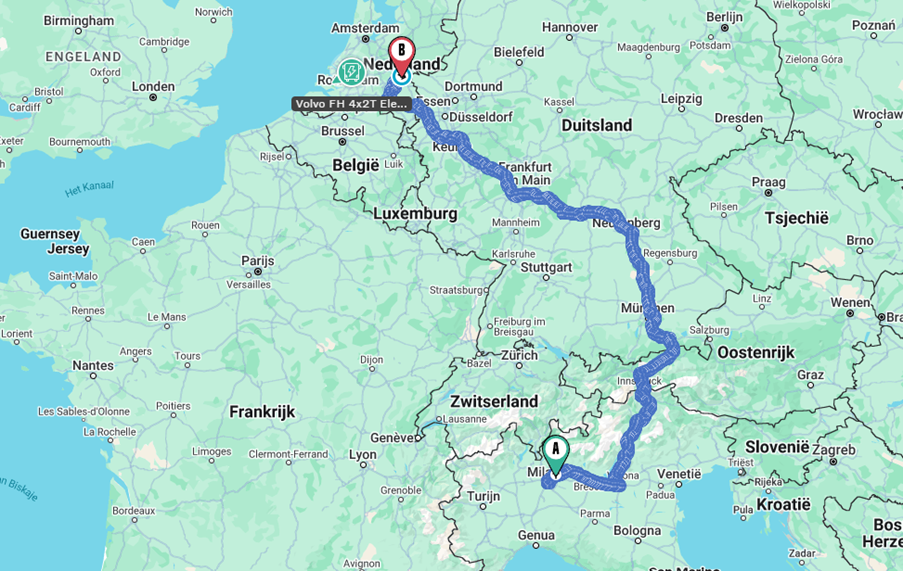 This image shows a map highlighting a long-haul route from Milan, Italy to Eindhoven, Netherlands. The route passes through several European countries, including Germany and Switzerland, illustrating the path taken for a cross-border electric truck journey aimed at reducing transport emissions. 