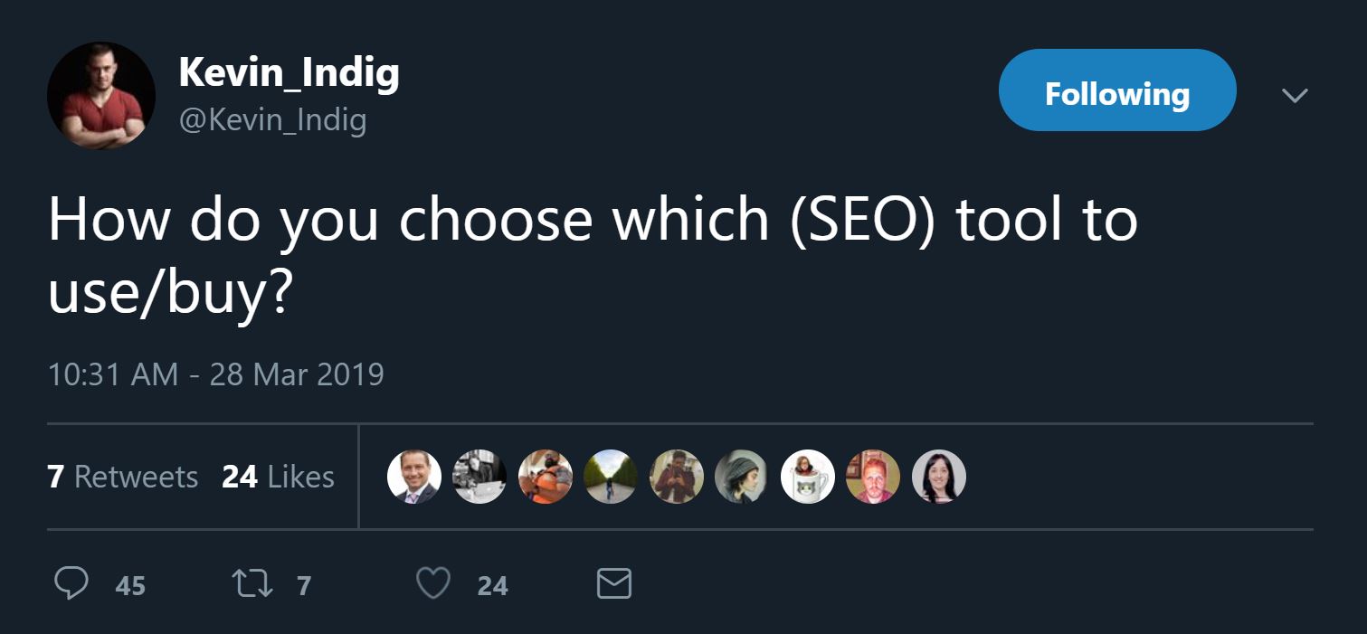 How do you choose which SEO tool to use and buy from Kevin Indig's tweet