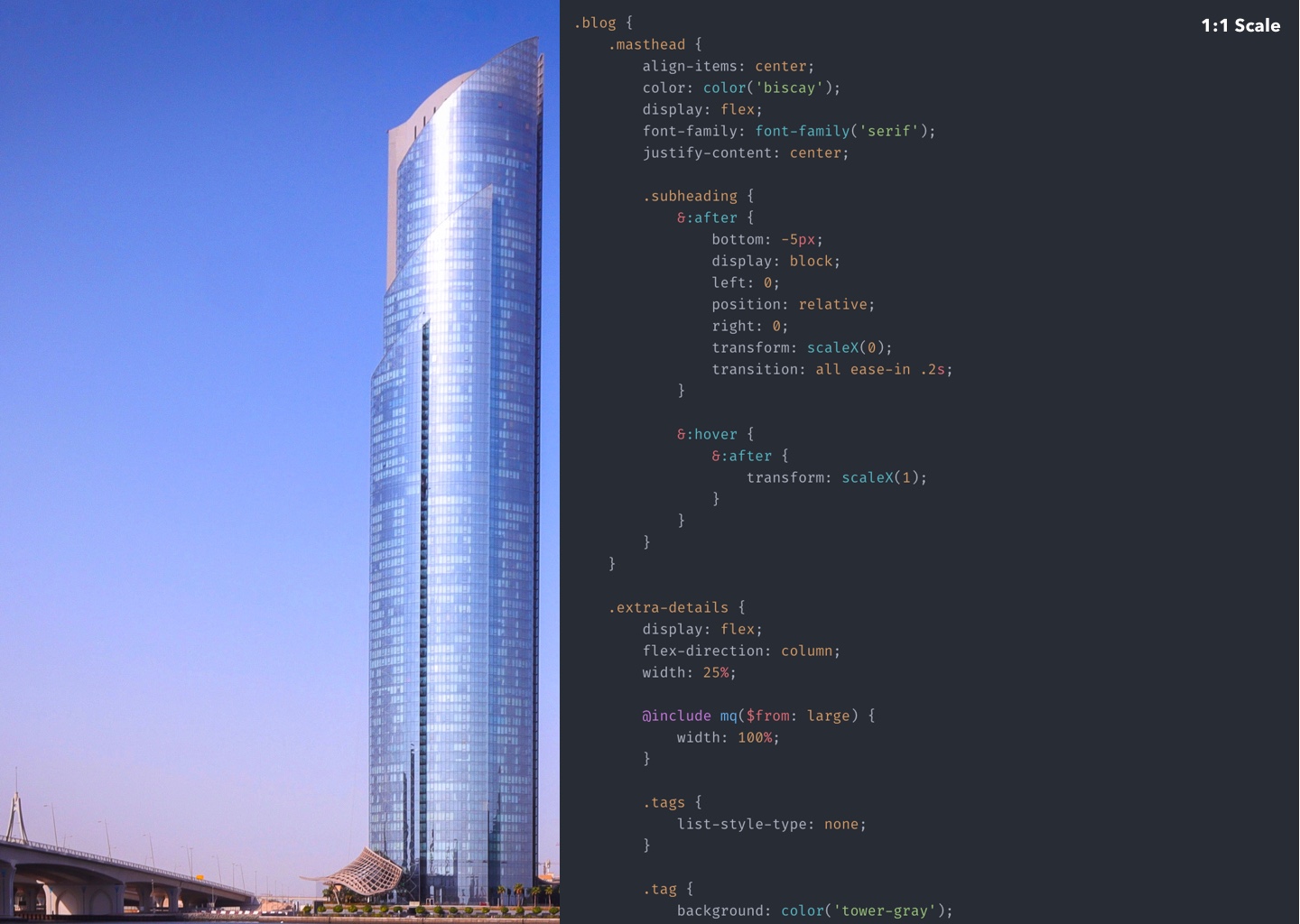 1:1 Scale comparison of skyscraper and nested SCSS selectors