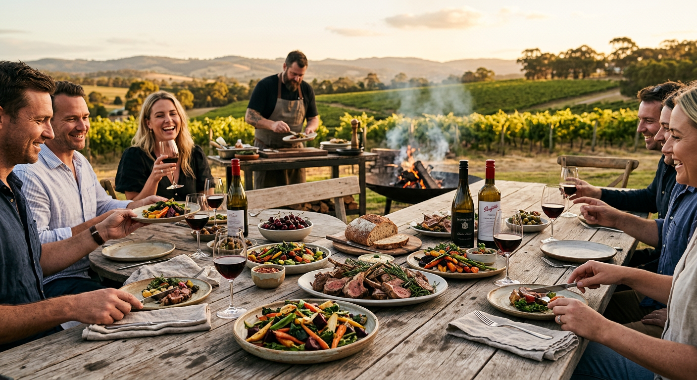 A long timber table set among the vines at golden hour with seasonal share plates and wine.