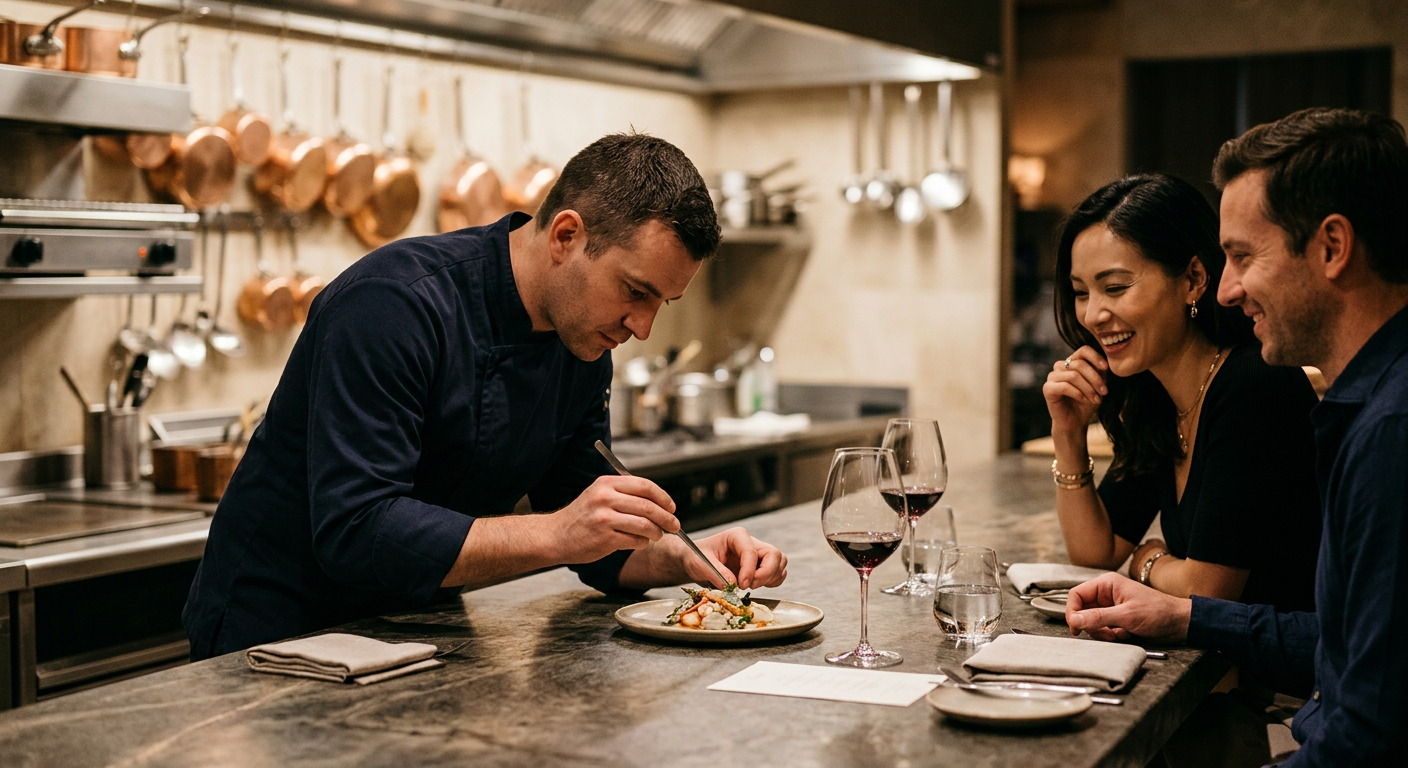 Guests seated at a stone counter watching a chef plate a delicate course.
