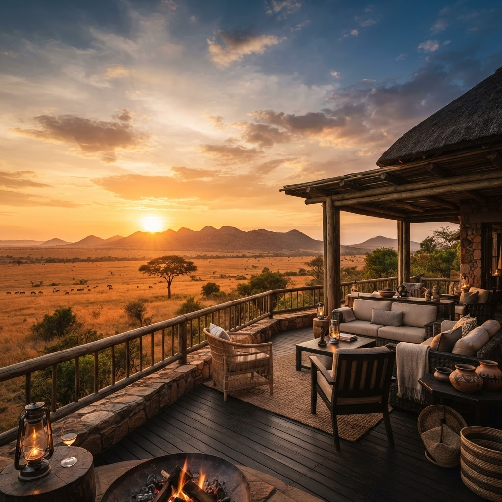 An exclusive safari lodge terrace overlooking the savanna at sunset