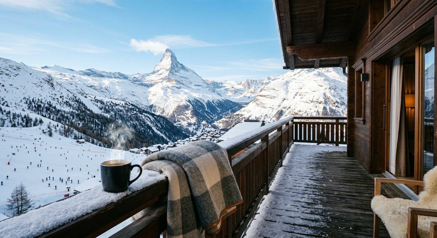 Morning coffee on a timber chalet balcony facing the Matterhorn in winter.