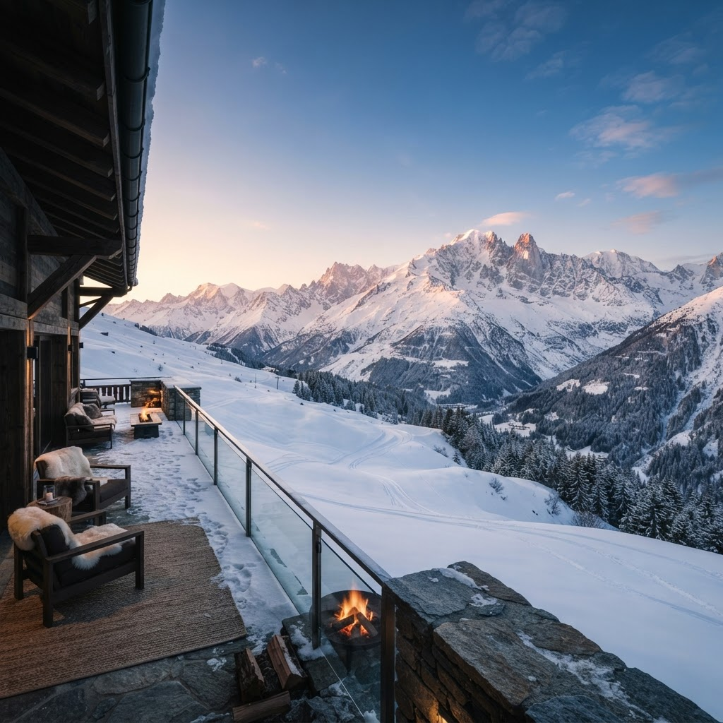 Snow-covered alpine peaks at dawn with a luxury chalet terrace