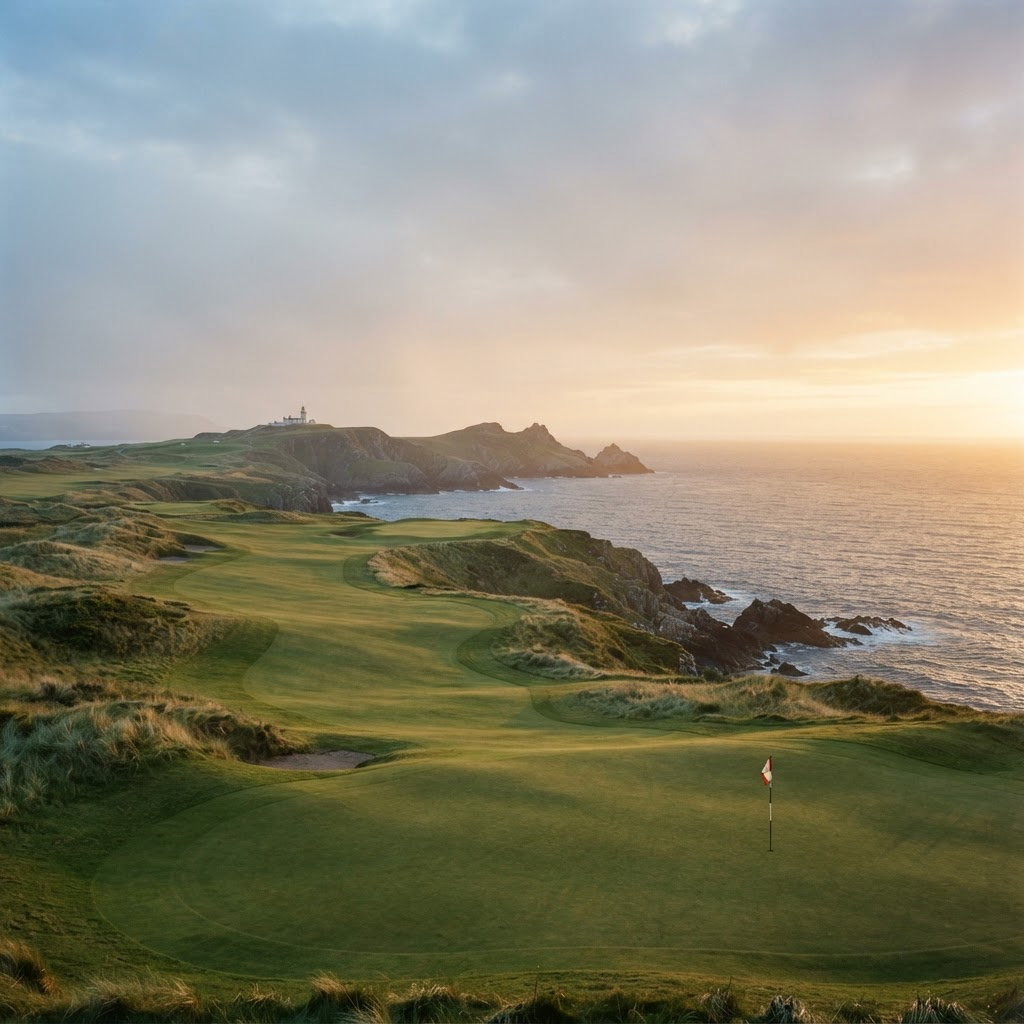 An iconic championship links golf course at golden hour by the sea