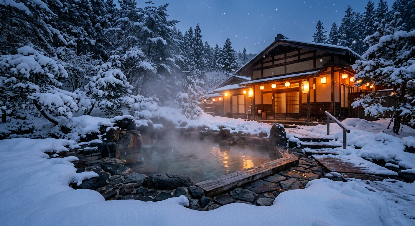 Steam rising from an outdoor hot spring surrounded by snow and lantern-lit ryokan at dusk.