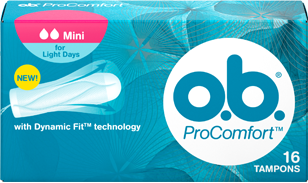 Imagem de uma embalagem de o.b.® ProComfort™ Mini. O produto tem duas gotículas, que indicam que é recomendado para os dias de fluxo ligeiro e as raparigas que estão a começar a utilizar tampões.