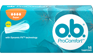 Imagem de uma embalagem de o.b.® ProComfort™ Super. O produto tem cinco gotículas, que indicam que é recomendado para os dias de fluxo abundante a muito abundante.