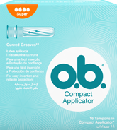Imagem de uma embalagem de o.b.® Compact Super com Aplicador. O produto tem quatro gotículas, que indicam que é recomendado para os dias de fluxo moderado a abundante.