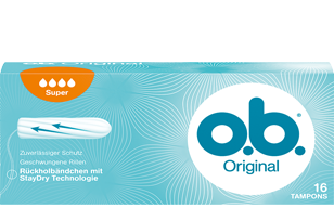 Imagem de uma embalagem de o.b.® Original Normal. O produto tem quatro gotículas, que indicam que é recomendado para os dias de fluxo moderado a abundante.