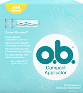 Imagem de uma embalagem de o.b.® Compact Normal com Aplicador. O produto tem três gotículas, que indicam que é recomendado para os dias de fluxo ligeiro a moderado.