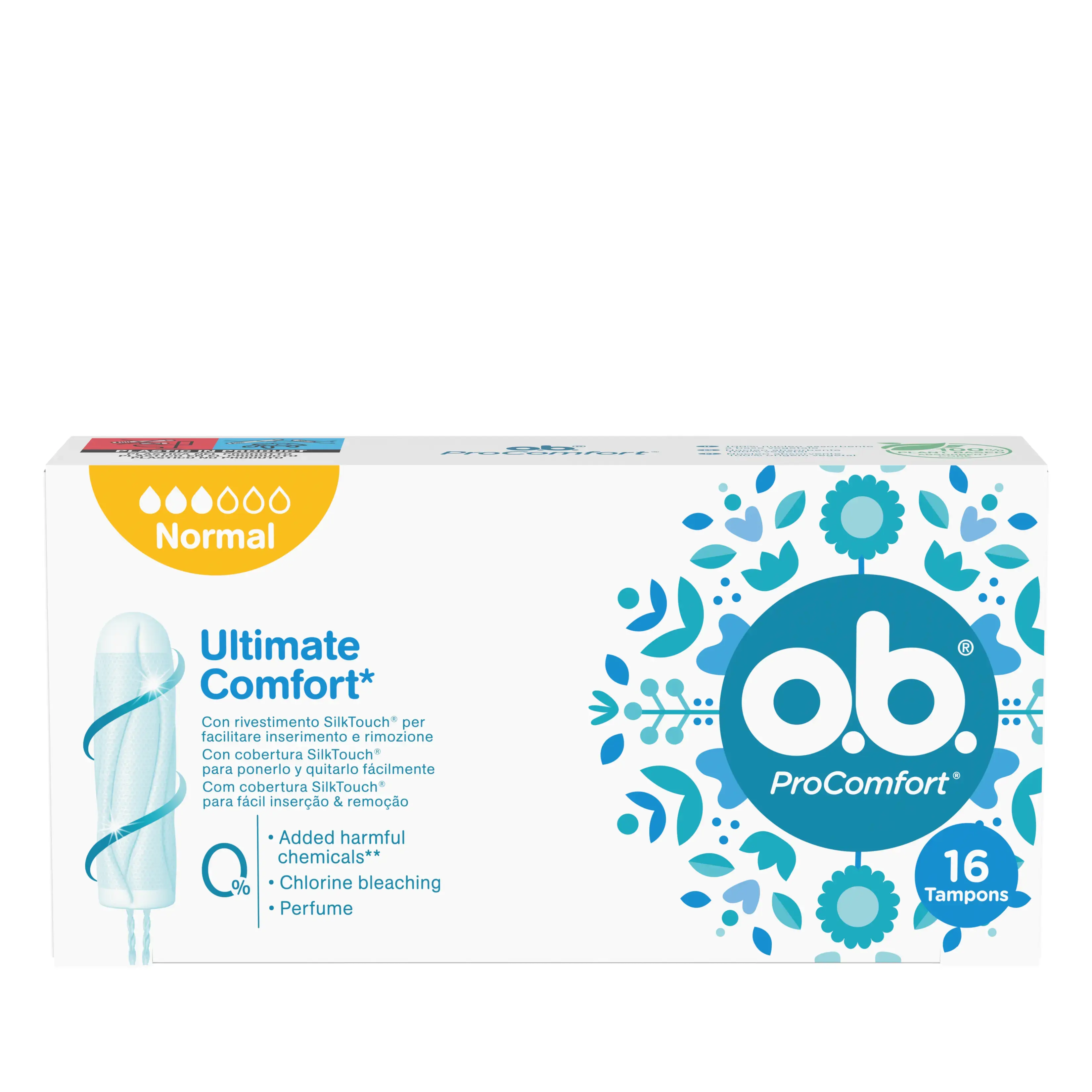Imagem de uma embalagem de o.b.® ProComfort™ Normal. O produto tem três gotículas, que indicam que é recomendado para os dias de fluxo moderado a abundante.