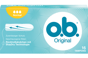 Imagem de uma embalagem de o.b.® Original Normal. O produto tem três gotículas, que indicam que é recomendado para os dias de fluxo ligeiro a moderado.