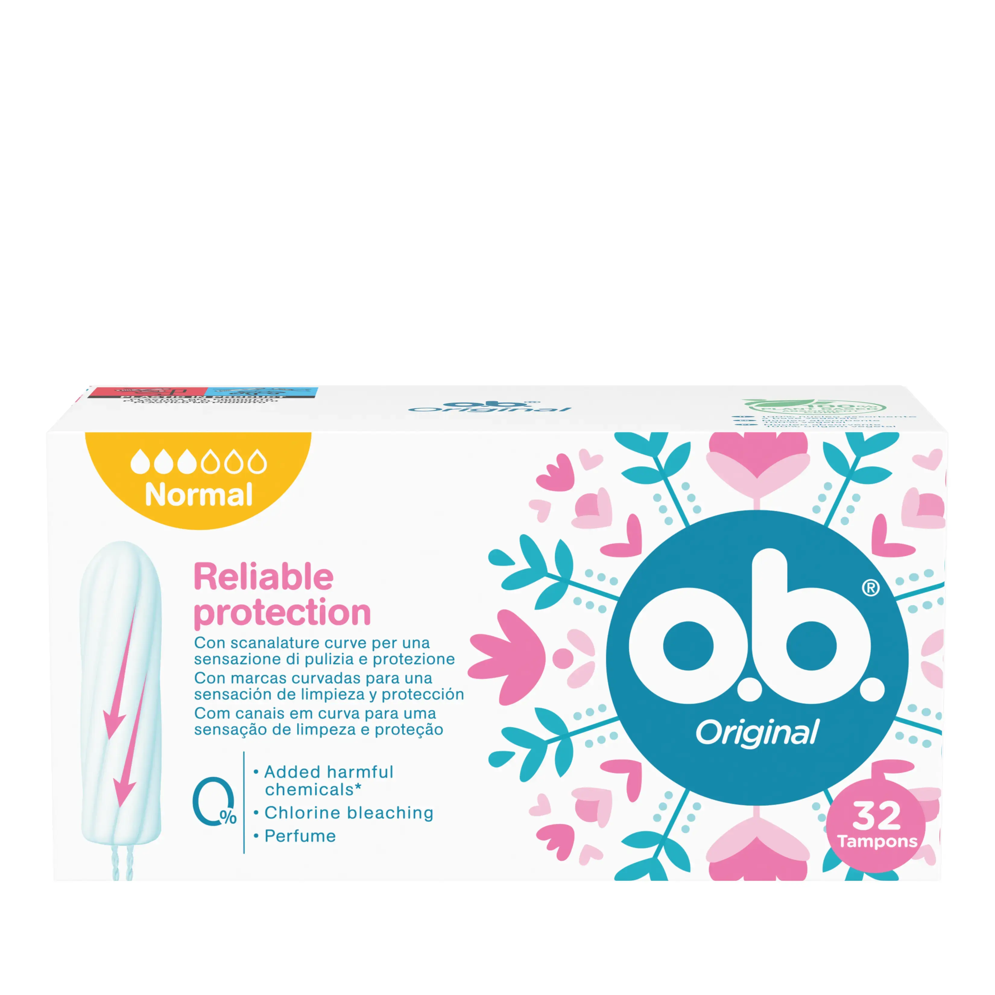 Imagem de uma embalagem de o.b.® Original Normal. O produto tem três gotículas, que indicam que é recomendado para os dias de fluxo ligeiro a moderado.